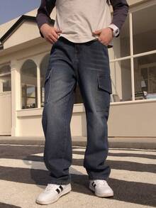 青少年春秋季多口袋工装牛仔裤，宽松休闲直筒裤（男童款） - 藍色 - 查看 2