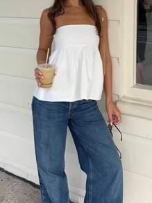 Women Off Shoulder Strechable Pure Color A-Line Loose Hem Tube Tops - trắng - Xem 1