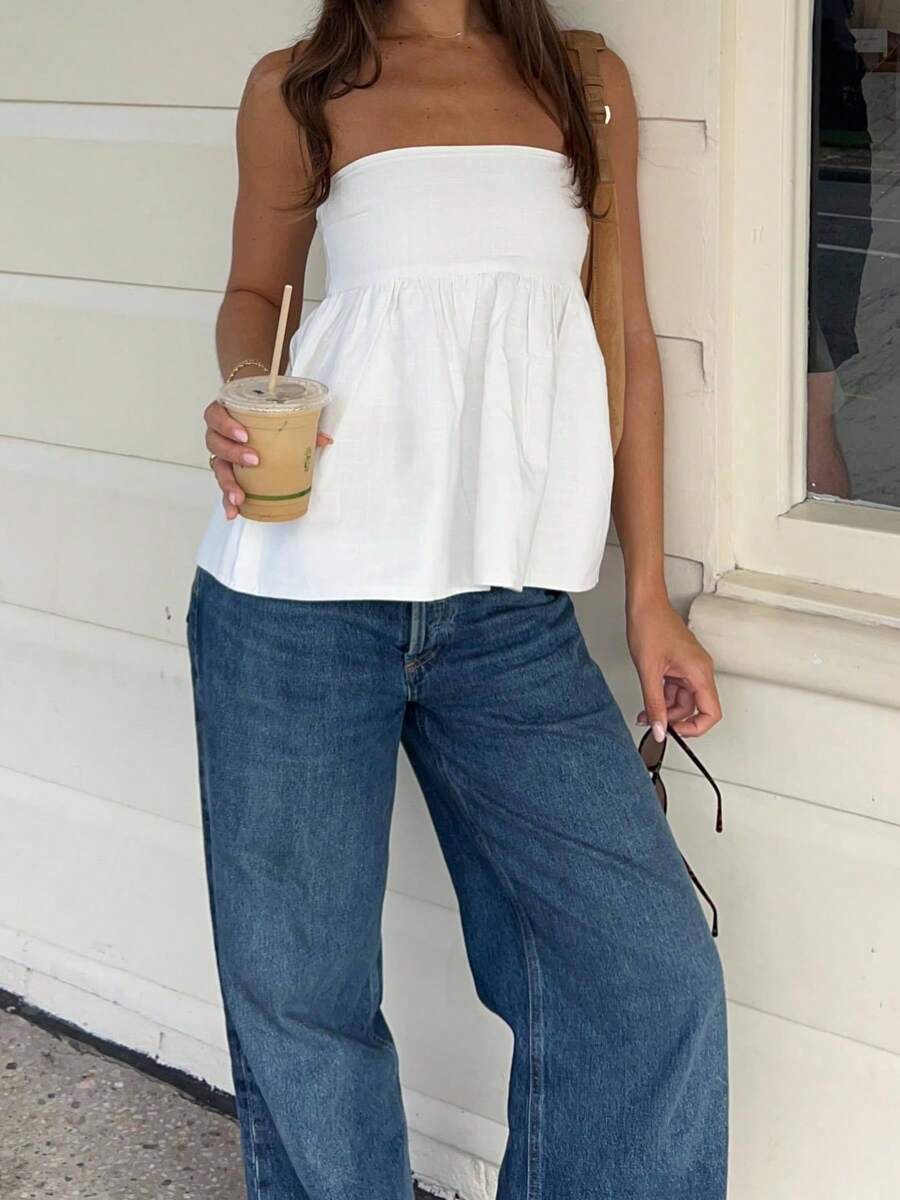 Women Off Shoulder Strechable Pure Color A-Line Loose Hem Tube Tops - trắng - Xem 1