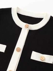 Seelio Women's Short Sleeve Knit Sweater, New French Style Color Block Button Round Neck Fitted T-Shirt Knit Jacket