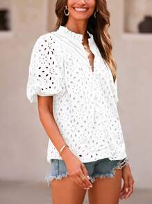 Women's Summer Top Fashion Casual Lantern Short Sleeve V-Neck Button Hollow-Out Lace Embroidery Shirt - Màu be - Xem 5