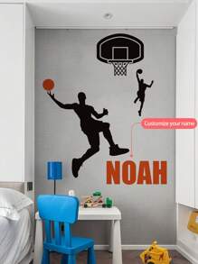 1pc Basketball Player Shooting Cartoon Wall Sticker, Customizable Text Wall Decal, Removable PVC Wall Art Decor For Bedroom, Living Room, Office, School Classroom - Black - View 6