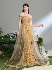 Rochie de seară luxoasă, model sirenă, cu paiete, decoltată, pentru adolescente, cu trenă lejeră din tul – Rochie formală