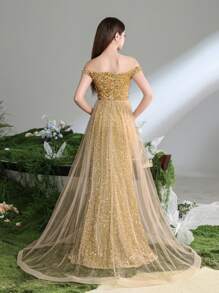 Rochie de seară luxoasă, model sirenă, cu paiete, decoltată, pentru adolescente, cu trenă lejeră din tul – Rochie formală