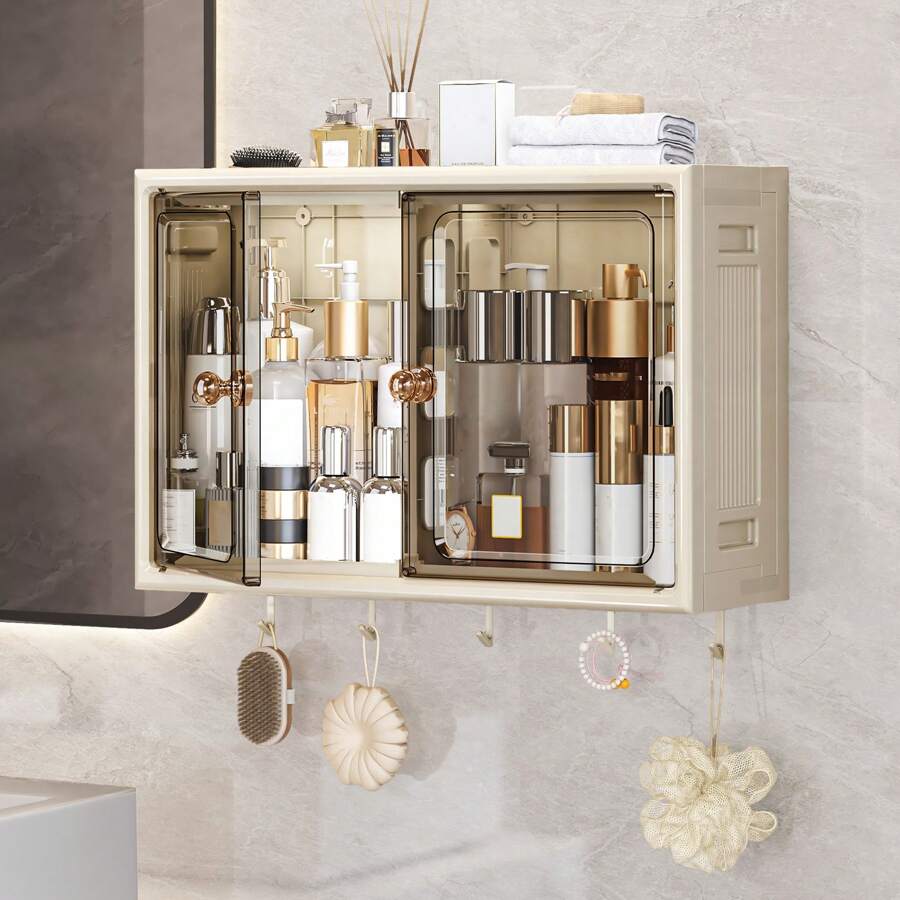 1PC Foldable Wall Storage Rack, Multifunctional Wall-Mounted Storage Cabinet, Plastic Bathroom Organizer With No-Drill Installation, Dust-Proof & Waterproof Cosmetic Holder For Toilet/Kitchen Display, Bathroom & Living Room, Home Organizer With Hooks - trắng - Xem 1