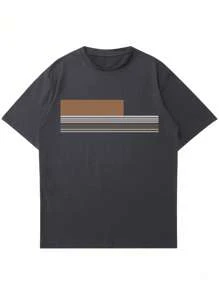 男士夏季条纹印花圆领短袖休闲 T 恤 - 深灰色 - 查看 4