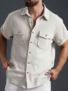 Cămașă clasică pentru bărbați, casual, cu mânecă scurtă, cu buzunare duble, guler răsturnat și nasturi în față, potrivire simplă și elegantă, versatilă pentru zi cu zi, școală, navetă, vară nou sosire