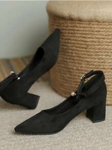 Black Dress Pearls Mid Heel Pumps For Women, French Style Elegant Formal Shoes Suitable For Skirts, Spring