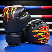 4件套燃爆拳击台！时尚火焰图案拳击手套 - 黑色 - 查看 1