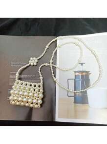 1 件迷你手工串珠珍珠斜挎包，时尚口红编织包，适合女孩 - 均碼 - 查看 5