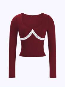 女士 Y2K 性感修身蕾丝边深 U 领长袖上衣 - 酒紅色 - 查看 3