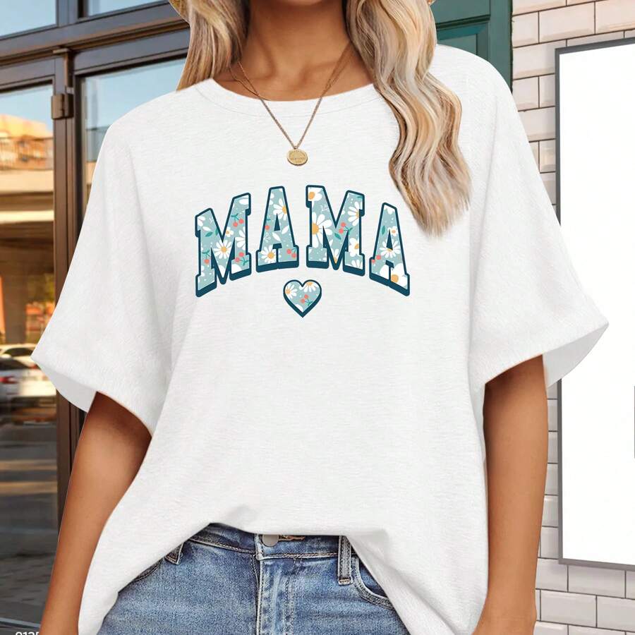 Mother'S Day Small Flower Fresh Mama Printed T-Shirt Casual Shirt Machine Washable Short Sleeve Cotton Comfortable Clothes Women'S Outfit - White - View 1