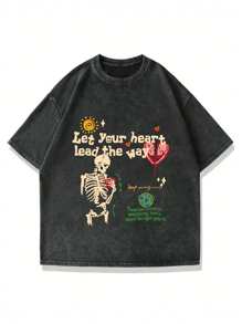 Camiseta de verano informal para hombres talla, con cuello rasgado y estampado inglés con corazón, cuello redondo lavado - Negro - Ver 2