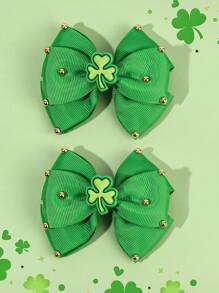 2 件装圣帕特里克节三叶草装饰发夹，适合幼儿儿童女孩绿色发夹休闲面料鳄鱼夹蝴蝶结发夹圣帕特里克节三叶草发饰 - 綠色 - 查看 8
