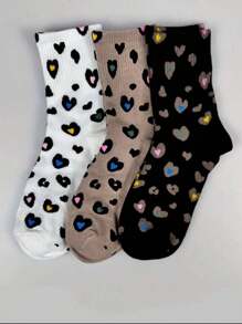 1/9 Pairs Women Leopard Print, Striped, Heart Shaped Fashion Stylish Casual Mid-Calf Socks Christmas Gift - Multicolor - View 3
