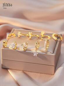 10pcs Exquisite Shiny Cubic Zirconia Inlaid Golden Earrings, Various Floral Hoop Designs, Elegant French Style Earring Set, Girlfriend Gift (Gift Box Included) - Yellow Gold - View 3