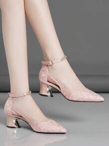 High Heel Shoes, Chunky Heels, Strap With Rhinestone Decor,Elegant,Women Pumps,Party Outfits - Pink - View 2