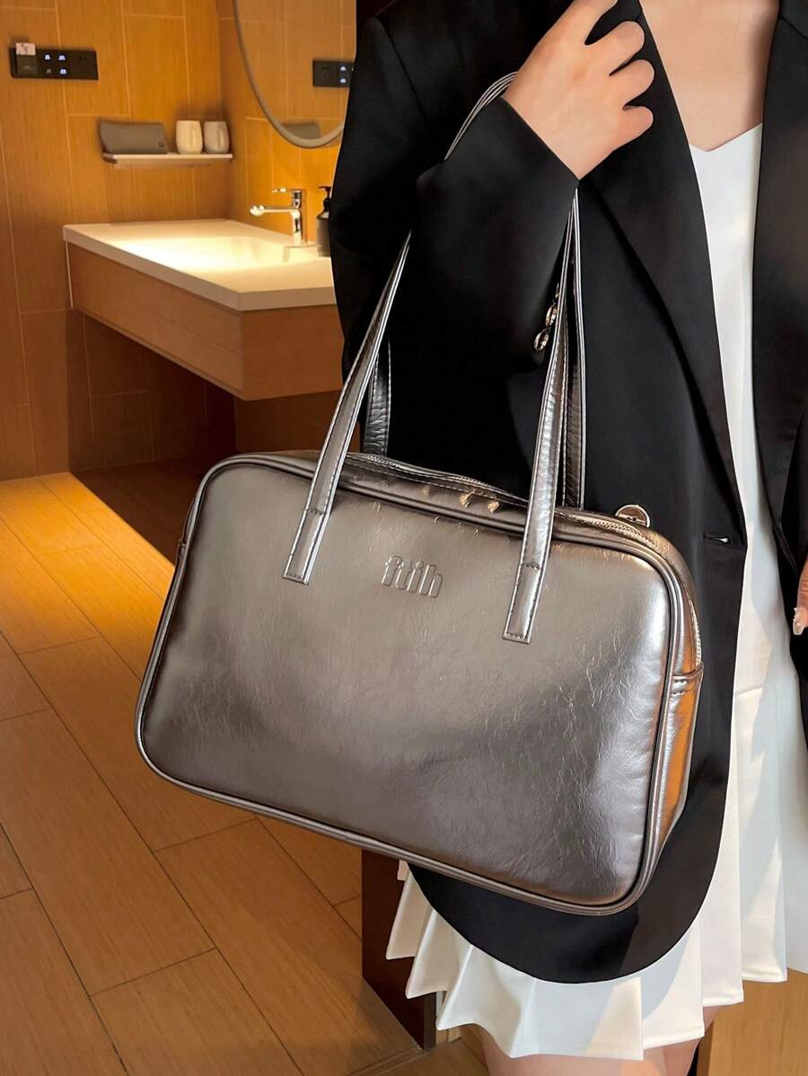 女士时尚灰色手提包，大容量校园风格单肩包，适合学生、购物、日常使用 - 灰色 - 查看 1