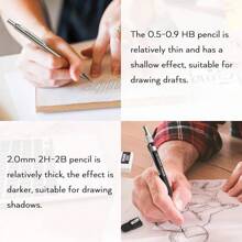 6PCS Art Mechanical Pencil Set, 3PCS Metal Drafting Pencil 0.5 Mm & 0.7 Mm & 0.9 Mm & 3PCS 2mm Graphite Lead Holder (2B HB 2H) For Writing, Sketching Drawing With Lead Refills Case - 銀色 - 查看 8