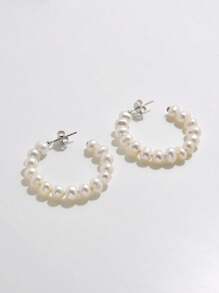 1 Pair 925 Sterling Silver 5-6mm Cultured Freshwater Pearl Double Hoop Earrings, Elegant & Graceful For Party/Wedding - Freshwater Cultured Pearls - View 4