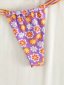 2pcs/Set New Soft Cup Adjustable Strap Printed Tie Front Elegant Party Bikini Swimwear, Summer Beach Fashion Swimwear For Women - Purple - View 6