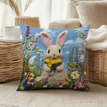 [2D Printed] 1pc 17.7"X17.7"(45x45cm) [Non-Embroidered] 2D Printed Floral & Rabbit Embroidery-Look Pattern Cushion Cover, [Single-Sided Printed] [Pillow Insert Not Included] Polyester Home Decor Backrest Pillow Cover, Sofa, Windowsill, Suitable For Daily Use, High-End Minimalist Self-Use Decoration, Living Room, Bedroom, Car Decoration