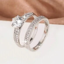 2pcs Wedding Engagement Rings, Elegant Copper & Zirconia Stone Couples Ring Set, Fashion Jewelry Gift For Anniversary, Valentine's Day,Mom,Mother,Mother's Day,Gift