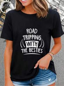 Happy Valentine'S Day Women's Cute Heart Print T-Shirt, Women's 220g Round Neck Casual Heavy Pure Cotton T-Shirt (1 PC)Women's Casual Short Sleeve Crew Neck T-Shirt For Spring & Summer - Comfortable, Relaxed Fit, Printed Graphic Tee For  Sport Lovers - 黑色 - 查看 1