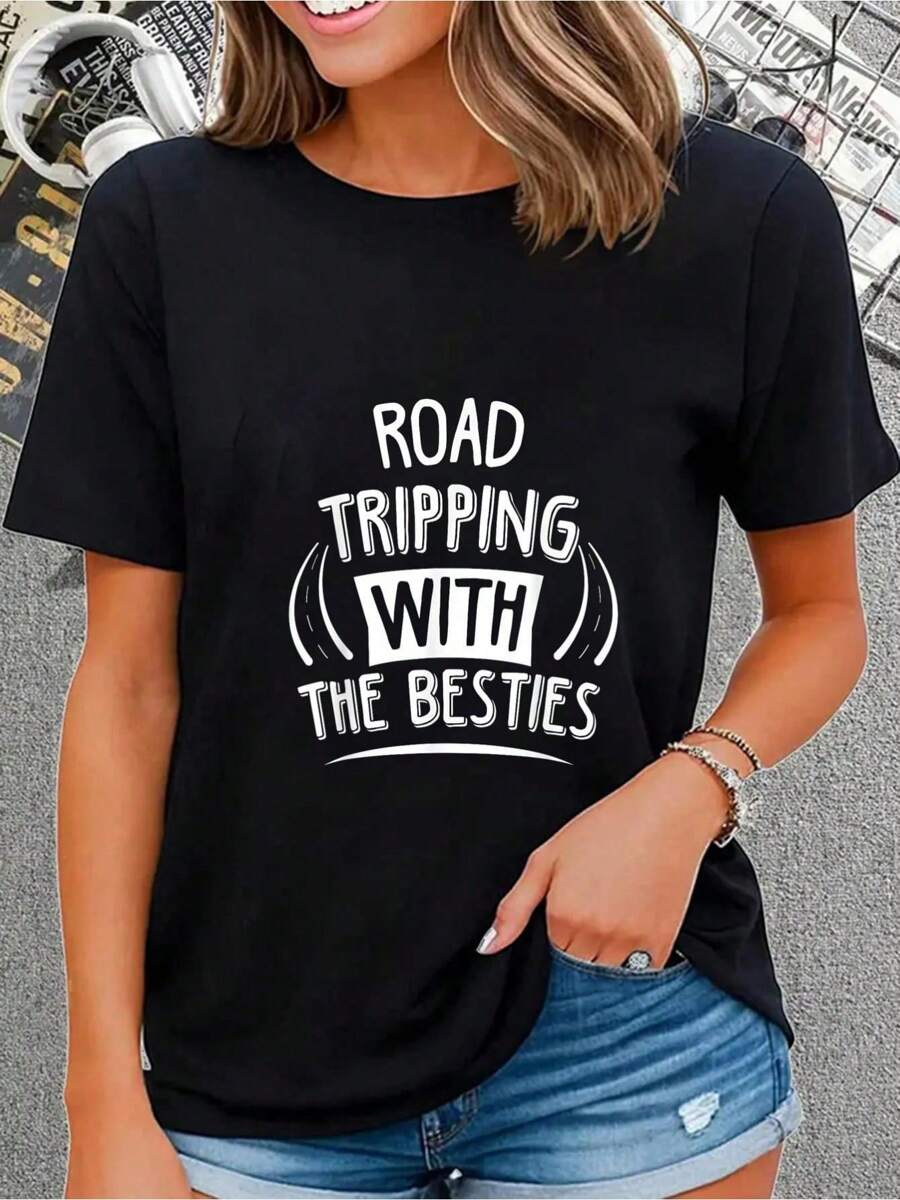 Happy Valentine'S Day Women's Cute Heart Print T-Shirt, Women's 220g Round Neck Casual Heavy Pure Cotton T-Shirt (1 PC)Women's Casual Short Sleeve Crew Neck T-Shirt For Spring & Summer - Comfortable, Relaxed Fit, Printed Graphic Tee For  Sport Lovers - 黑色 - 查看 1