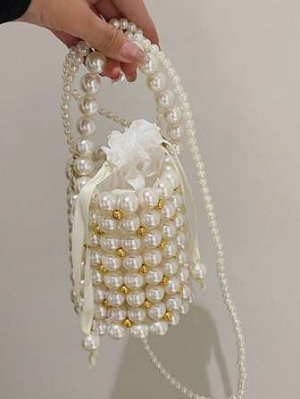 Bolso tipo cubo de moda informal con decoración de perlas falsas y rhinestones