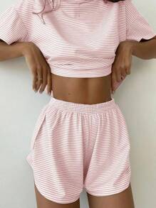 Two-Piece Set Women's Striped Print Drop Shoulder Tee & Wrap Split Shorts Pajamas Set, Comfy Short Sleeve T-Shirt & Elastic Waist Shorts Pj Set, Back To School Wear Lounge Sets, Pajama Sets Women, Fall Clothes - Green - View 3