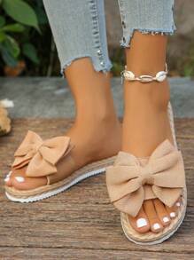 Sandal Wanita Kasual Modis Model Baru Musim Panas Ukuran Plus 35-45 dengan Pita dan Sol Rafia Imitasi, Ringan dan Nyaman, Mudah Dipakai - Khaki - View 3
