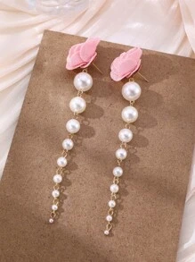 NAIZHU 1 Cặp hoa hồng thanh lịch và hoa ngọc trai giả tua rua hoa tai cho phụ nữ, phụ kiện tiệc tùng - Hồng - Xem 2