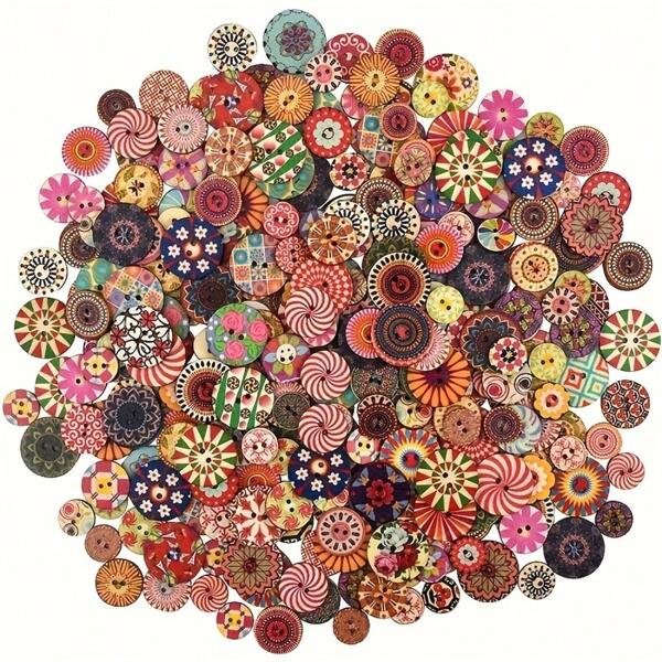100pcs Vintage Painted Wooden Buttons, Colorful 2-Hole Decorative Sewing Buttons With Floral And Geometric Patterns, Craft And Art Supplies In Assorted Colors, Craft Supplies|Folk Art Buttons|Handpainted Design, Buttons For Clothes