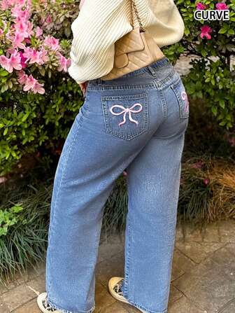 جينز نسائي بخصر مطاطي واسع، طراز الشارع الأوروبي والأمريكي Y2K، بطبعات فيونكة مغسولة، صالح للارتداء اليومي، مقاسات كبيرة