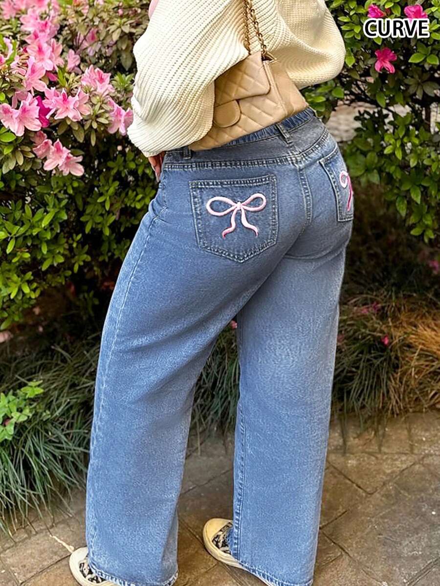欧美街头设计 Y2K 时尚休闲蝴蝶结印花水洗大码松紧腰带女式直筒牛仔裤