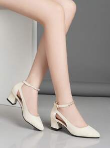 秋冬季女士粗跟单带高跟鞋，饰有水钻镂空，优雅 - 杏色 - 查看 4