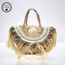 Summer Beach Sling Bag, Handmade Raffia Tote Bag With Shell Flower Decor, Large Capacity Raffia Beach Bag With Shell And Feather Decor, Fashionable Design, Classic Minimalist Style - Natural - View 1