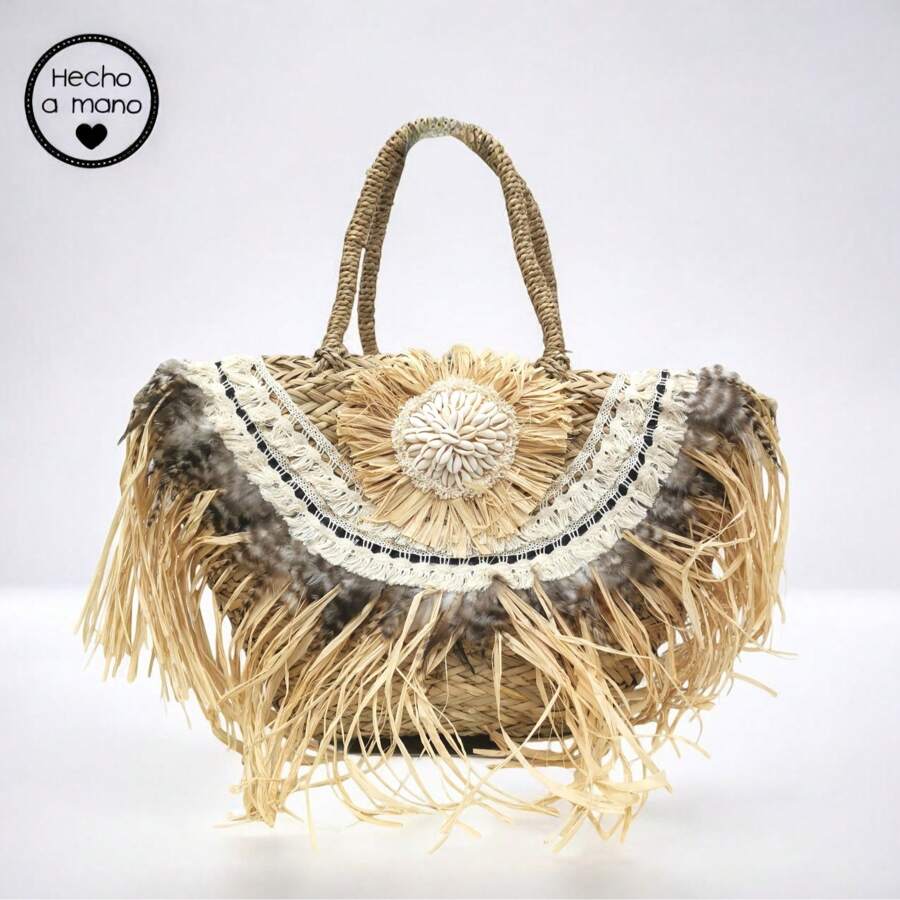 Summer Beach Sling Bag, Handmade Raffia Tote Bag With Shell Flower Decor, Large Capacity Raffia Beach Bag With Shell And Feather Decor, Fashionable Design, Classic Minimalist Style - Natural - View 1