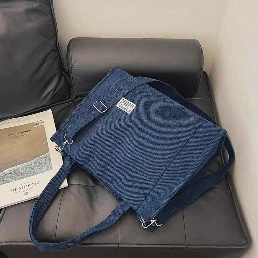 Women's Large Corduroy Zipper Shoulder Bag - 藏蓝色 - 查看 1