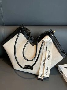 Ví nữ thời trang mới, thiết kế phối màu đa năng, họa tiết rãnh, dung tích lớn, hai quai xách, thích hợp cho du lịch, mua sắm, đi làm, trang trí họa tiết khăn quàng cổ, ví công sở thanh lịch. - màu đen - Xem 6