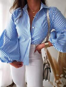 女士条纹灯笼袖休闲衬衫，舒适日常穿着，适合户外散步、毕业季、独立日 - 藍色 - 查看 2