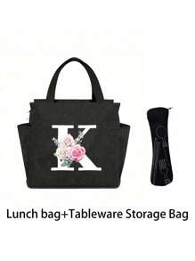 2 pièces/Set Sacs isothermes imprimés avec lettres A-Z et boîte de rangement pour couverts, sac à lunch à double poche