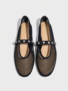 女士芭蕾舞网面鞋，夏季款，水钻装饰，圆头，时尚百搭，适合搭配裙子，黑色、白色网面 - 黑色 - 查看 5