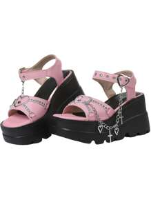 Y2K Style Punk Gothic Style Cross Chain Pink Platform Sandals For Women Summer Casual Wedge Heel For Outdoor & Casual Wear In Summer - Hồng - Xem 9