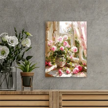 1 pièce Charmante affiche murale de pot de fleurs sur le rebord de fenêtre - Roses roses et blanches vives, motif floral, parfait pour la décoration du salon, sans cadre