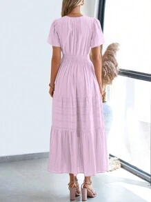 Womens Summer Maxi Dresses Short Sleeve High Waist Tiered Flowy A-Line Boho Bohemian Beach Long Dress Holiday Vacation Beach Valentine Long Dress Outfit - 淺粉紫色 - 查看 2