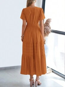 Womens Summer Maxi Dresses Short Sleeve High Waist Tiered Flowy A-Line Boho Bohemian Beach Long Dress Holiday Vacation Beach Valentine Long Dress Outfit - 棕橘色 - 查看 2