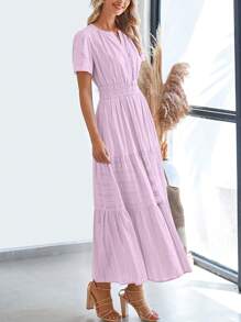 Womens Summer Maxi Dresses Short Sleeve High Waist Tiered Flowy A-Line Boho Bohemian Beach Long Dress Holiday Vacation Beach Valentine Long Dress Outfit - 淺粉紫色 - 查看 3