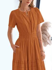 Womens Summer Maxi Dresses Short Sleeve High Waist Tiered Flowy A-Line Boho Bohemian Beach Long Dress Holiday Vacation Beach Valentine Long Dress Outfit - 棕橘色 - 查看 5